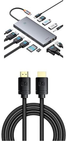 【Chip-Optimiert】 Baseus USB C Docking Station 3 Monitore, 13-in-1 USB C Hub mit 2 HDMI 4K@60Hz, DisplayPort 4K@60Hz, VGA & Baseus HDMI 8K auf HDMI 8K 60Hz Adapterkabel, 2m, Schwarz