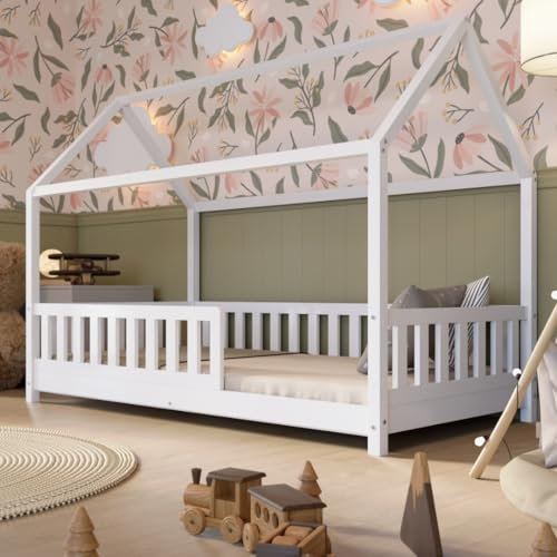 Crazy Pine Hausbett 90x190 cm – Kinderbett aus Naturholz in Weiß mit Rausfallschutz – Skandinavisches Design, Montessori Bodenbett mit Höhenverstellbaren Beinen - Crazy Blanco