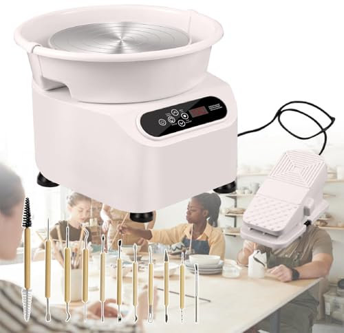 XEEAOFE Tornio per Ceramica per Adulti, 9,8 Pollici con Vasca Amovibile, Schermo LCD Touch, Pedale, Tornio per Ceramica 350W,White-220V