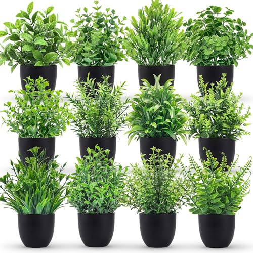 BTSD-home 12er Set Kunstpflanzen im Topf für Tisch, Regal, Fensterbank Deko | Plastikpflanzen für Bad, Wohnzimmer, Küche, Büro und Zuhause schaffen einheitliches Grün ohne Gießen oder Umtopfen