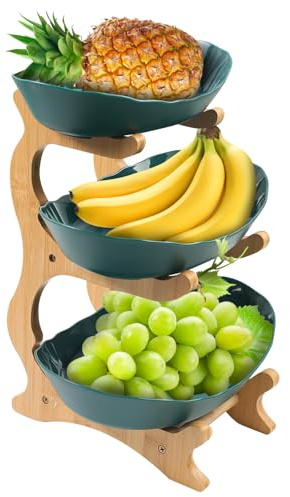 Gemsaya Obst Etagere mit 3 Etagen, Dunkelgrün Obstschalenständer 3 Stöckig Obstschale, Stabil & Ohne zu Zittern, Obstschale und Bambusständer für Küchen Gemüse Obst Snacks Desserts