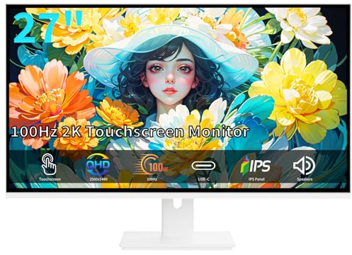 ZFTVNIE 27 Inch Touchscreen Monitor, 2K Gaming Monitor IPS 10-Point Touch PC Display, HDMI VGA USBC QHD 2560x1440 Computer Monitor, 100Hz, Built-in Speakers, White