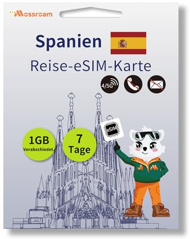 Spanien eSIM-Karte: 1 GB Highspeed-Daten täglich, 7 Tage Prepaid-Tarif für Madrid, Hotspot-Unterstützung | Ideal für Reisen. Kein Vertrag, Keine SIM-Karte, Keine Sprachanrufe, Keine SMS