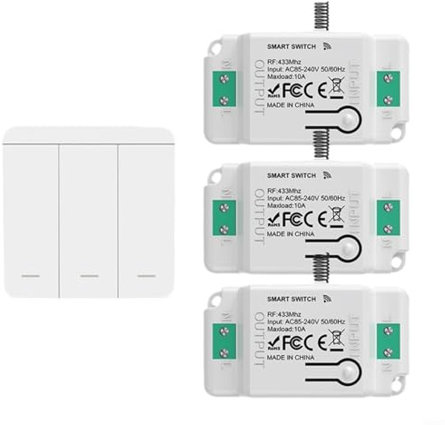 Moliuoly Lichtschalter Set mit Fernbedienung, 3-Fach Wandpanel und 3 Empfänger, 433 MHz RF Signal für Reichweite bis 200 m außen und 30 m innen, kein Neuverkabeln erforderlich