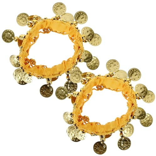 ABOOFAN Bracelets de Cheville et Manchettes de Poignet pour Danse Orientale Légers en Mousseline Jaune avec Pièces de Monnaie 1 Paire Accessoires pour Spectacle et Entraînement de