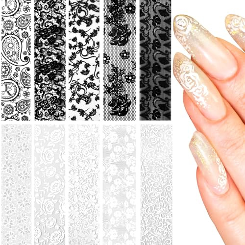 20 Stück Holographische Transferfolie Nägel, Spitze Nail Art Folie, Schwarze Weiße Spitze Laserfolie, Holographische Lace Nagelaufkleber Set, Transferfolie für Nailart, Nagelfolie Aufkleber Rollenv