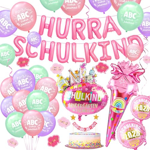 iZoeL Einschulung Deko Mädchen Schulkind Girlande Schultüte Folienballon | Einschulung Deko Set, Mädchen, Schulkind Girlande, 2026 Folienballon Schutüte, Luftballon, Zuckertüte, Schulanfang,Hellrosa