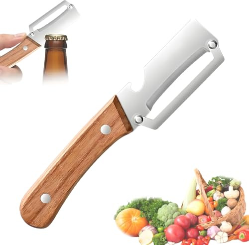 Wooden Handle Vegetable Peeler, Stainless Steel Blade 2-in-1 Multifunctional Tool with Bottle Opener for Kitchen Fruit & Veggie Prep (1pcs)