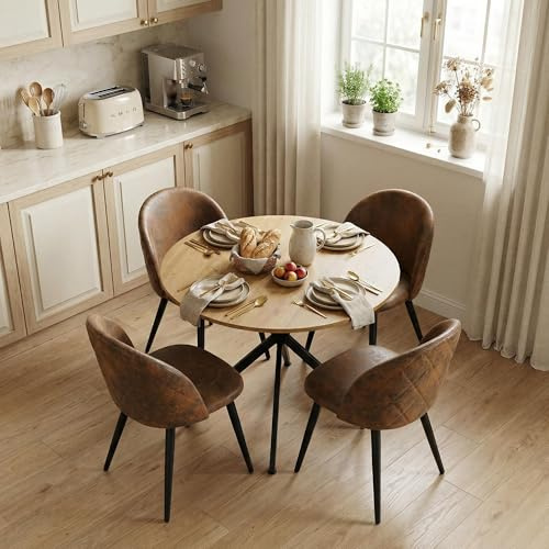 Songvas Essgruppe Set Tisch und Stühle, Essgruppe 5-Teilig, Helle Eichenfarbe 100cm Runder Esstisch und 4 Wildleder-Esszimmerstühle, Geeignet für Küchen, Esszimmer und Wohnzimmer