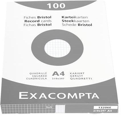 Exacompta 13206E Packung (mit 100 Karteikarten, ungelocht, DIN A4, 21 x 29,7 cm, 205 g, kariert, ideal für die Schule) 1er Pack weiß