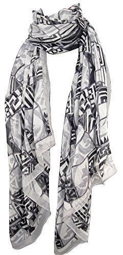 nella-mode Eleganter & Moderner feiner SEIDENSCHAL mit geometrischem Muster in gedecktem weiss, grau & schwarz ; Schal aus reiner Seide