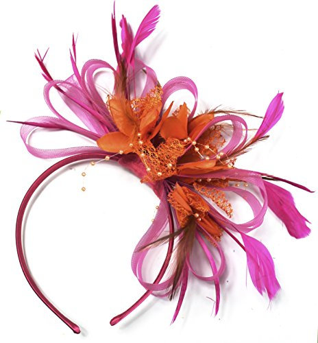 Caprilite Fashion Fuchsia Hot Pink and Orange Net Hoop Feather Hair Fascinator Headband Wedding Royal Ascot Races
