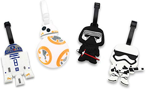 Finex 4-teiliges Star Wars Kylo Ren BB8 Stormtrooper R2D2 Silikon-Gepäckanhänger-Set mit Gürtelgurt, Weiß/Schwarz