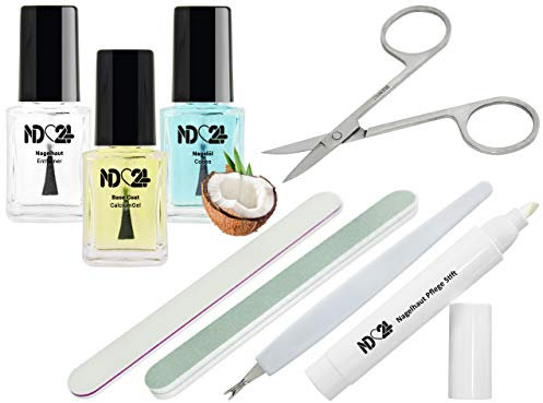 ND24 NailDesign – Nagelpflegeset mit Nagelschere, Nagelfeile, Polierfeile, Nagelhautentferner, Nagelhaut-Pflegestift, Nagelöl, Aufbaugel & Nagelhautmesser – 8-teiliges Maniküre & Pediküre Set (SOS 1)