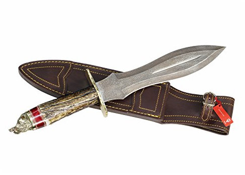 ELECTROPOLIS Muela Lupus Damastmesser LUPUS-25DAM.C, 25 cm Klinge aus Damaststahl, Hirschgeweih, Holz, Messing + Mehrzweck-Geschenkkarte
