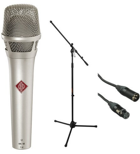 NEUMANN KMS 105 – Live Vocal Kondensator Mikrofon (Nickel) mit XLR-Kabel und Mikrofon Ständer