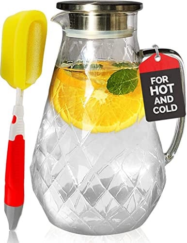 PYKAL Diamant Muster Glaskaraffe mit Deckel - 2l Wasserkaraffe - Hitzebeständige Karaffe als Teekanne & Saftkanne - Karaffe Glas - Wasserkrug 2 liter - Glaskrug für Wasser Saft