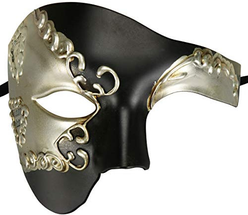 Thmyo Phantom de demi-visage vintage des hommes de l'opéra masque de mascarade de carnaval vénitien (Noir argent)