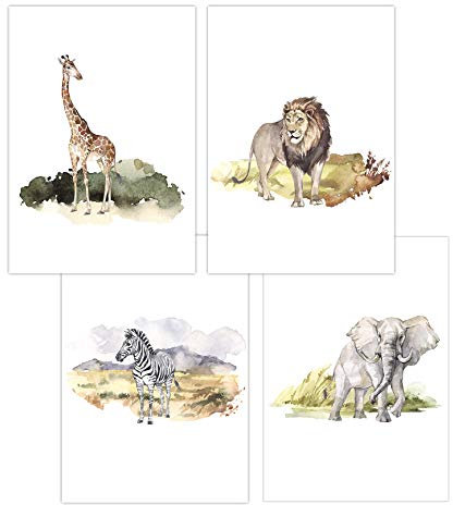 Olgs Wandbilder 4er Set für Büro & Wohnzimmer Deko Poster | Kunstdruck DIN A4 ohne Rahmen und Dekoration Tiere (W02 Giraffe Löwe Zebra Elefant)