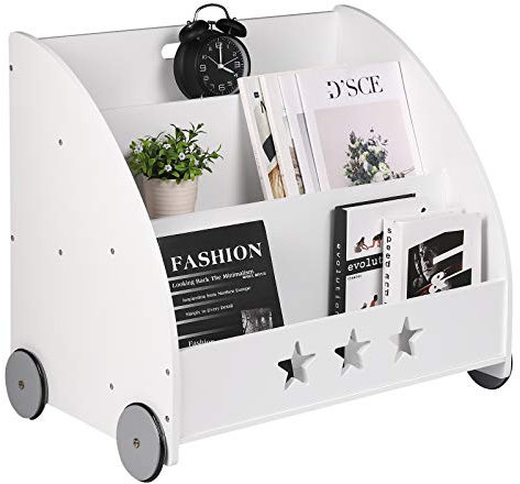 WOLTU KR002 Kinderregal Bücherregal für Kinder, Spielzeugregal mit Räder 3 Regale , Holz Standregal Kinderzimmerregal Mehrzweck Organizer(Weiß)