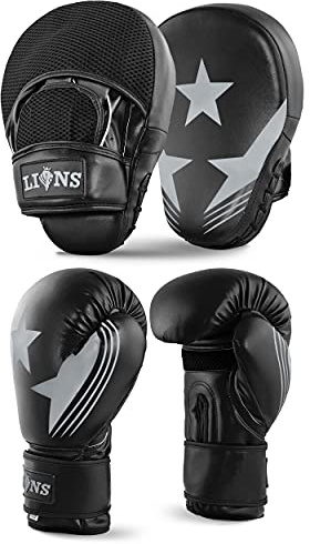 Lions Amateur Fitness Boxing Set Hook & Jab Pads Focus Punch Bag Gloves Target Strike Mitts (Grey Star, 10oz)