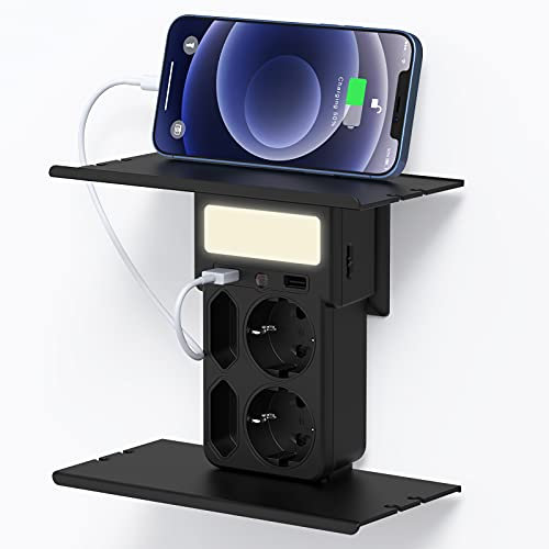 Ciabatta Multipresa Elettrica Prese a Muro con 2 Porte USB e 4 Prese, con Luce Notturna, Due Supporti per Posizionare Oggetti, Utilizzato in Bagno, Cucina, Nero