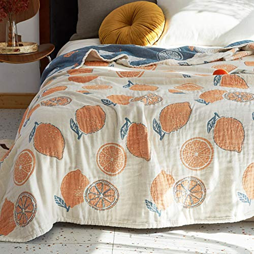 Scientific Sleep Lemon Decke aus 100 % Baumwoll-Musselin, Überwurf, Überwurf für Bett, Couch, Sofa, gemütlich, weich, wendbar, leicht, warm, Tagesdecke, Steppdecke, Queen-Size-Bett, 203,2 x 228,6 cm