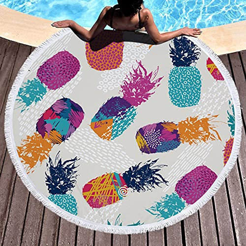 Yeacun Rundes Strandtuch, Ananas, groß und dick, 150 cm, runde Decke mit Quasten, Mehrzweck-Picknick, Yoga, Meditationsmatte, Handtücher (bunt)