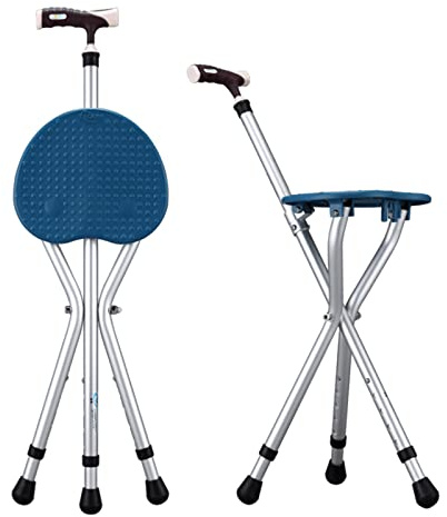 Yayayo Walking Cane with Seat Aluminum Alloy Portable LED Floding Chair for Seniors Adult Height Adjustable Heavy Stick Stool for Elderly Gift Blue