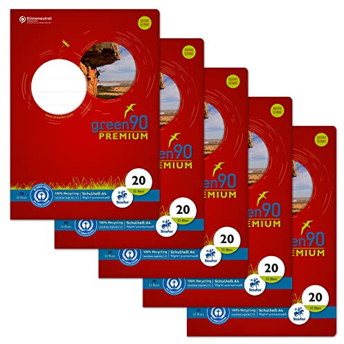 Staufen Green Heft - DIN A4, Lineatur 20 (blanko), 32 Blatt, premiumweißes 90g/m² Recyclingpapier, runde Ecken verhindern „Eselsohren“, 4 verschiedene Motive (keine Auswahl möglich), 5 Stück