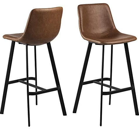 AC Design Furniture Ofelia Gepolsterter Barhocker 2er-Set in braunem Kunstleder mit Schwarzen Metallbeinen und Fußstütze, schlankes Design, pflegeleicht, ideal für Bar, Flur oder Küchenbereich