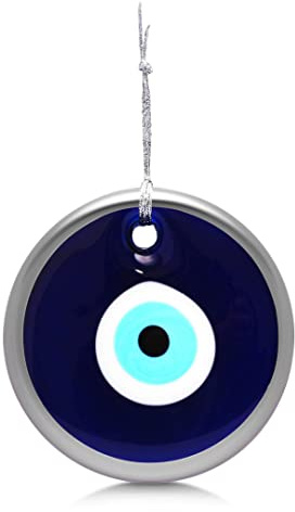 MYSTIC JEWELS - Glas gegen den bösen Blick, blau und weiß, großes türkisches Auge, ca. 12 cm, mit Loch, Anhänger in guter Höhe zum Aufhängen an der Wand