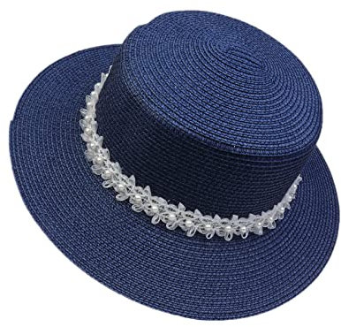 JK Home Pliable Chapeau de Soleil Femme Panama en Paille Capeline Large Bord avec Ruban Mariage Plage Marine Bleu