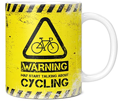 Mug Monster - Warning May Start Talking About Cycling Funny Gift Mug - Ceramic Coffee Mug/Cup, Gift for Men or Women, Extra Large and Giant Mug Available, 11oz White Mug