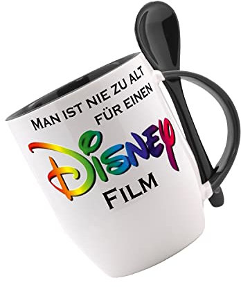 Tasse m. Löffel - Man ist nie zu alt für einen Disney Film - Löffeltasse, Kaffeetasse mit Motiv, Bürotasse, bedruckte Tasse mit Sprüchen oder Foto
