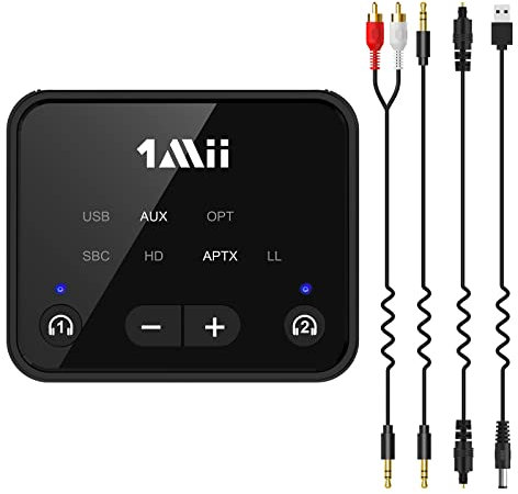 1Mii Trasmettitore Bluetooth 5.3 per TV a 2 Cuffie Senza Fili, Adattatore Bluetooth a Lungo Raggio 100ft per TV aptX Bassa Latenza e Controllo del Volume HD, Ingressi Audio Ottici/USB/AUX/RCA