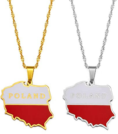 MTCDBD Polska Map Halskette Für Unisex Schmuck, Polen Polnische Karte Anhänger Mit Flagge Party Dress Accessoires Ethno-Stil, Charm Patriotisches Symbol Halskette Geschenk, Silber, 60 cm Kette