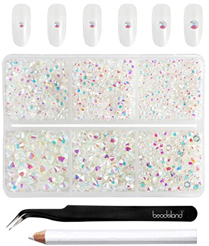 Beadsland 4300 Stück ABStrasssteine mit flacher Rückseite,Nagelsteine, runde Kristall-Strasssteine zum Basteln, gemischt in 6 Größen, mit Picking-Pinzette und Wachsstift-Set, SS6–SS20,Transparent AB