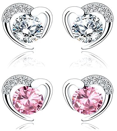 Silver Stud Earrings for Women, Stud Earrings White Gold Pink Cubic Zirconia Heart Studs│Dainty Earrings Jewellery Gifts for Girls 2 Pairs