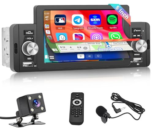 Hikity 1 Din FM Autoradio Wired Carplay Android Auto, 5 Pollici Touch Screen Stereo Auto Bluetooth con Schermo Mirror Link Bluetooth USB SWC MIC AUX Telecamera Retrocamera
