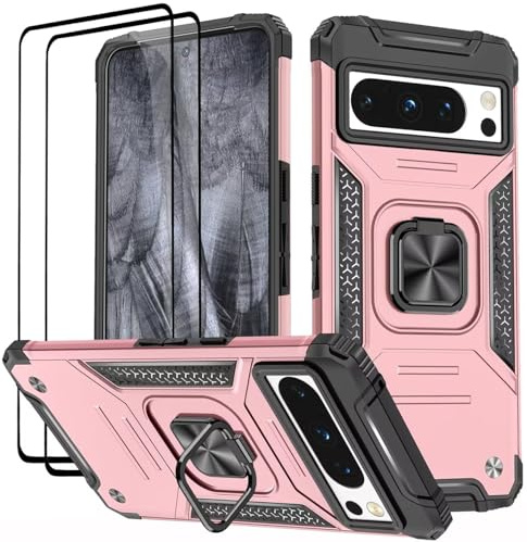 KANSi Cover per Google Pixel 8 Pro, Vetro Temperato [2 Pack] Custodie Silicone TPU 360° Rotante Anello Magnetica Anello Ring Supporto Bumper - Rose Gold