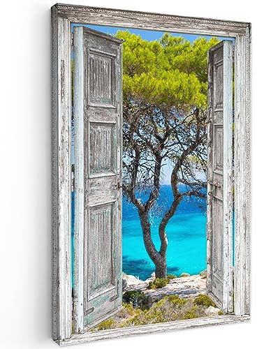 MuchoWow© Bild auf Leinwand 60x90 cm Schlafzimmer Bilder Wand Deko Wohnzimmer Modern Wanddeko Bilderwand Geschenk Baum - Tropisch - Meer - Fensterblick - Strand