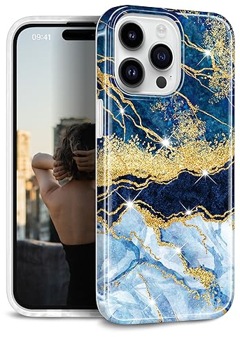 JIAXIUFEN Compatible with iPhone 15 Pro Case Gold Sparkle Glitter Marble Design Shockproof Protective Slim Soft TPU Silicone Cover Phone Case 6.1 2023 Dark Blue