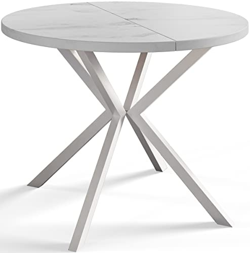AlpiMeble Esszimmertisch Ausziehbarer 120-200cm, Marmur, Weiße Metallbeine | Runder Tish Loft Liten, Wohnzimmertisch, Küchentisch und Esszimmertisch