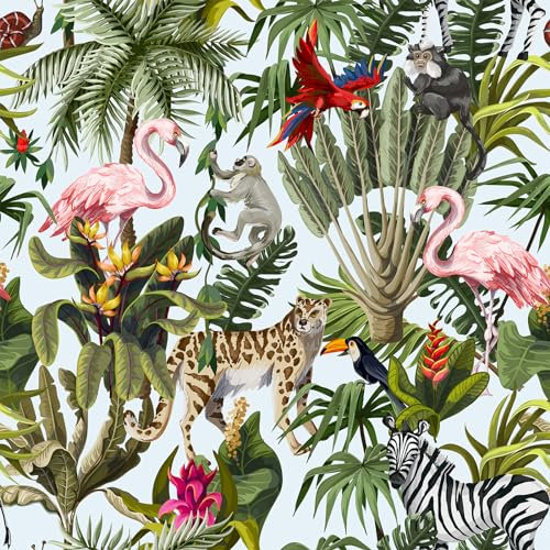 VEELIKE Papier Peint Tropical Jungle Papier Peint Adhesif Fleur Blanc Papier Adhésif pour Meuble Salon Papier Peint Autocollant Motif Feuillage Zèbre Flamingo Stickers Meuble Chambre 44.5cm×300cm