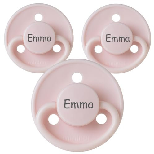 Namensschnuller, personalisiert auf Schnullern von Mininor, Naturkautschuk, Rund. Größe 1, 0-6 Monate, 3 Stück, Schnuller mit Namen, Nuckel, BPA-frei Schnuller, Graviert