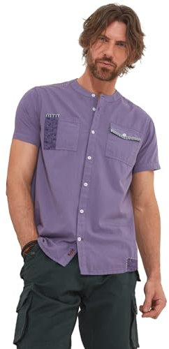 Joe Browns Men's Lilac Embroidered Pocket Grandad Collar Short Sleeve Shirt, L