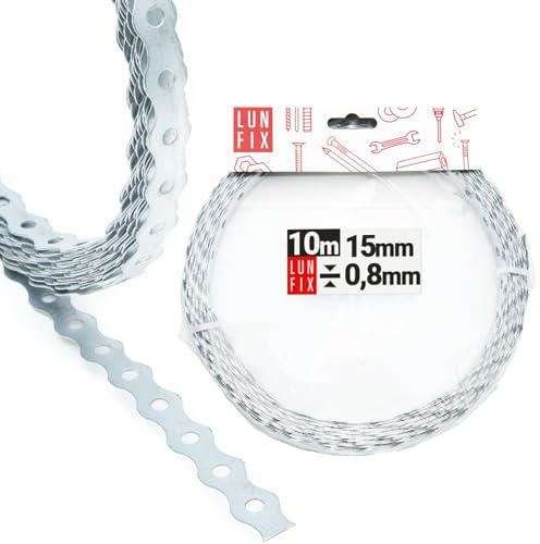 LUN FIX Lochband 15x0,8mm 10m Stahl verzinkt Montageband lochband metall | Mauerverbinder Lochschiene Blechstreifen, Metallband, Befestigung für Werkstatt, Dach, Holzkonstruktion, Trockenbau