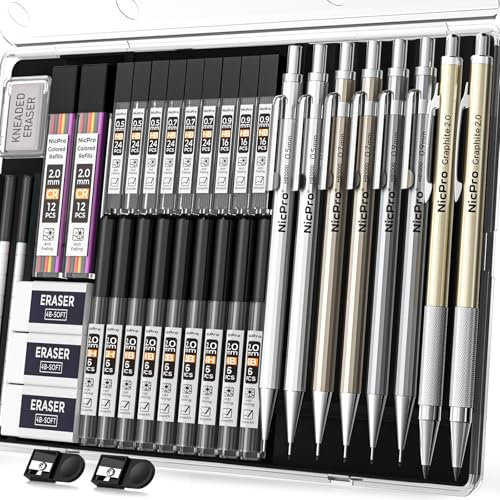 Nicpro 37 Stück Druckbleistift Set aus Metall, 8 Zeichenbleistift 0,5, 0,7, 0,9 und 2 mm, Bleistifthalter zum Skizzieren und Zeichnen mit 20 Röhrchen (6B 4B 2B HB 2H 4H Farben), Minen-Radiergummi