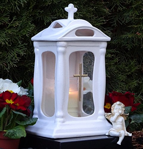 Grablaterne Grablampe Bassilika Massiv Weiss 30,0cm Grabschmuck Grablicht Grableuchte Lampe Laterne Licht Kerze Grabkerze Grabdekoration